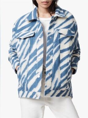 ALL SAINTS Faye Trucker Zebra Print Jacket Blue & White Wool Blend Snap Size 8